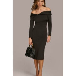 Donna Karan Womens Black Folded-Neck Off-the-Shoulder Dress Size 8